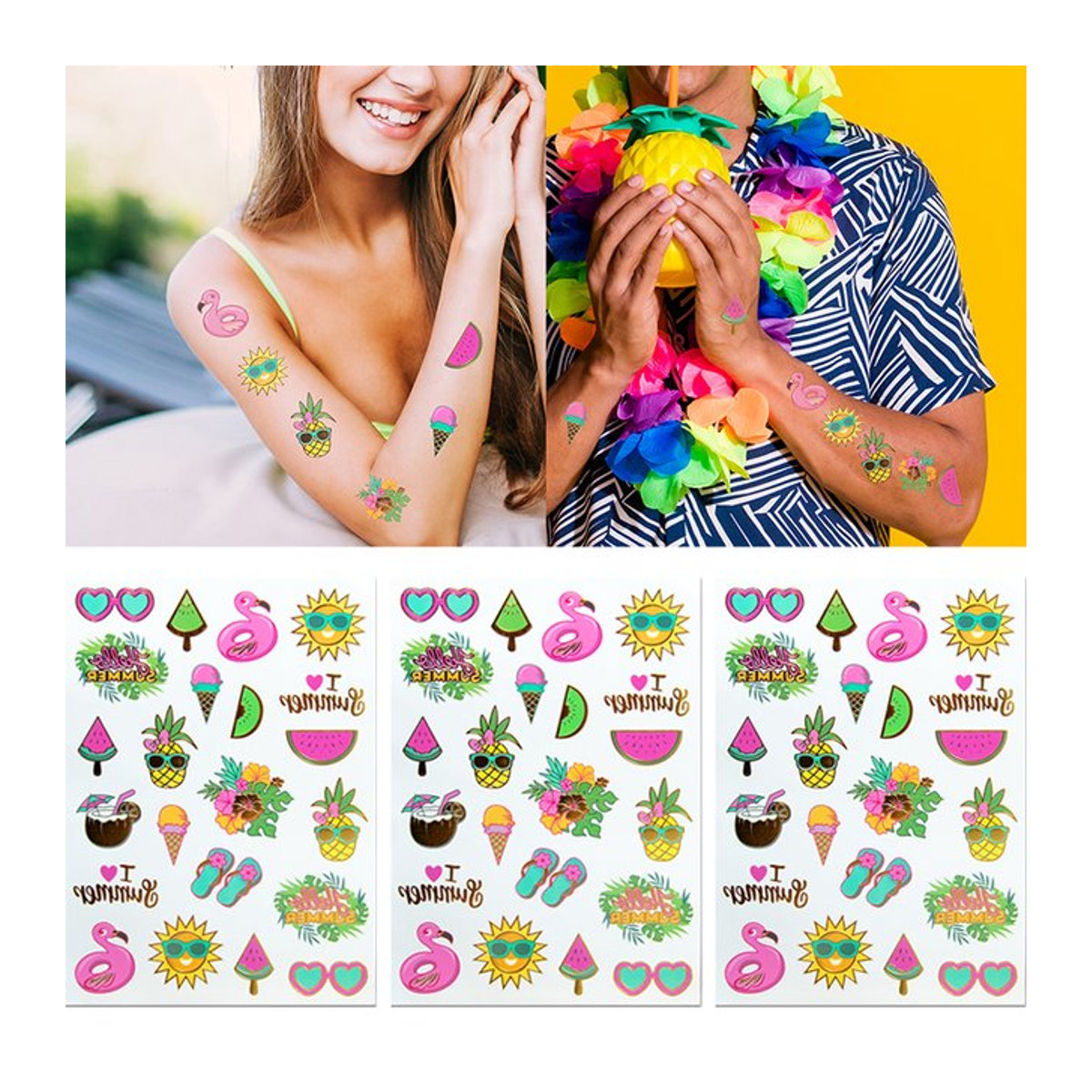 joy-enlife Temporäre Tattoos für Hawaiian Party und Sommer mit Flamingo Motiven in Multicolor - Bild 1