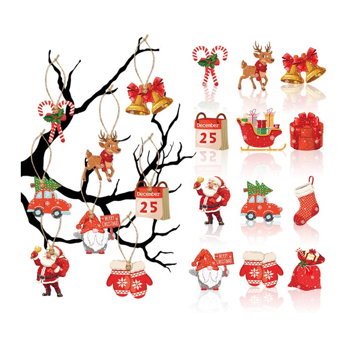 joy-enlife Weihnachtsbaum Hängeornamente aus Papier mit Weihnachtsmann und Gnome in Rot, 12 Stück - Bild 1