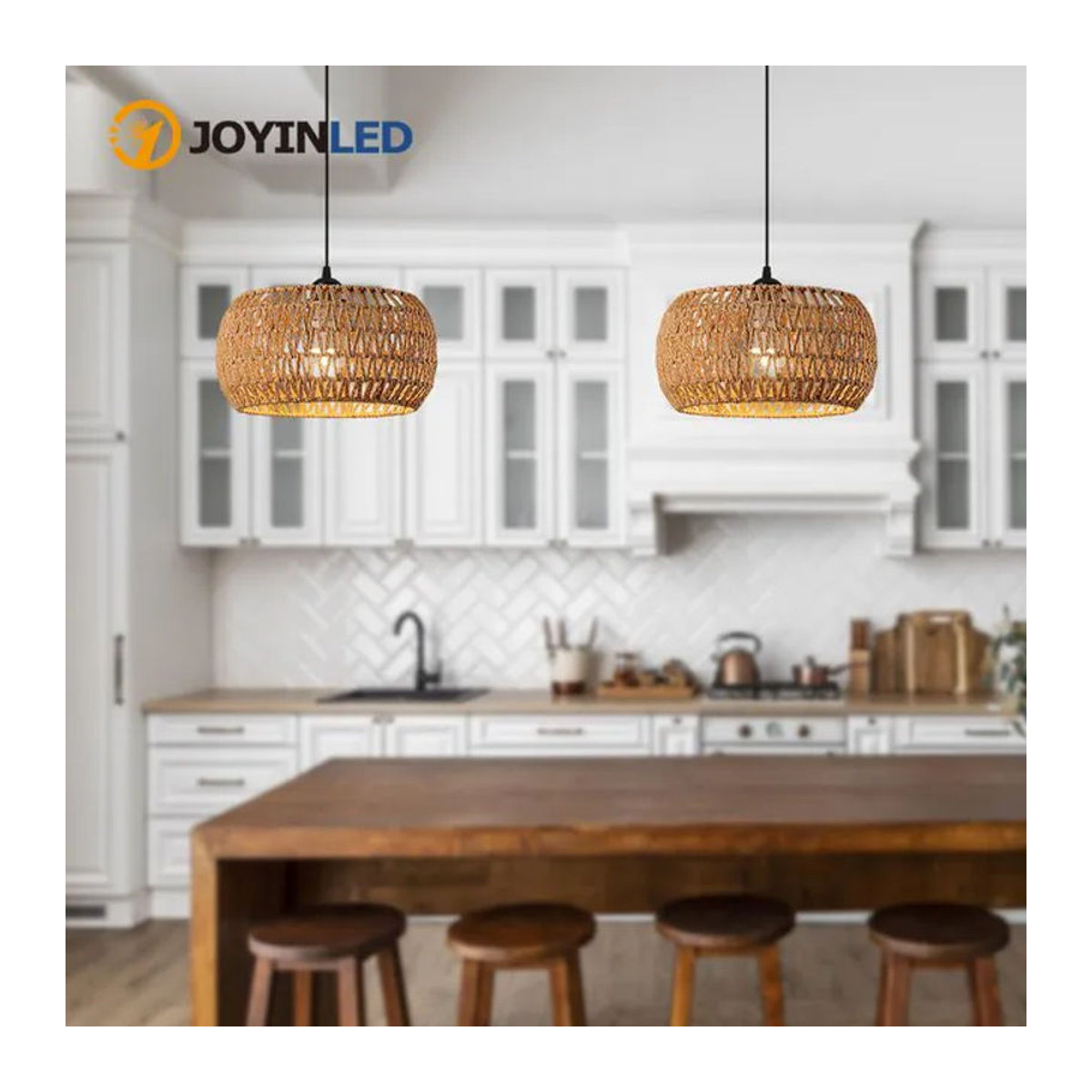JOYINLED Boho Pendelleuchte aus Rattan in Braun, handgefertigter geflochtener Kronleuchter mit Durchmesser: 32 cm - Bild 1
