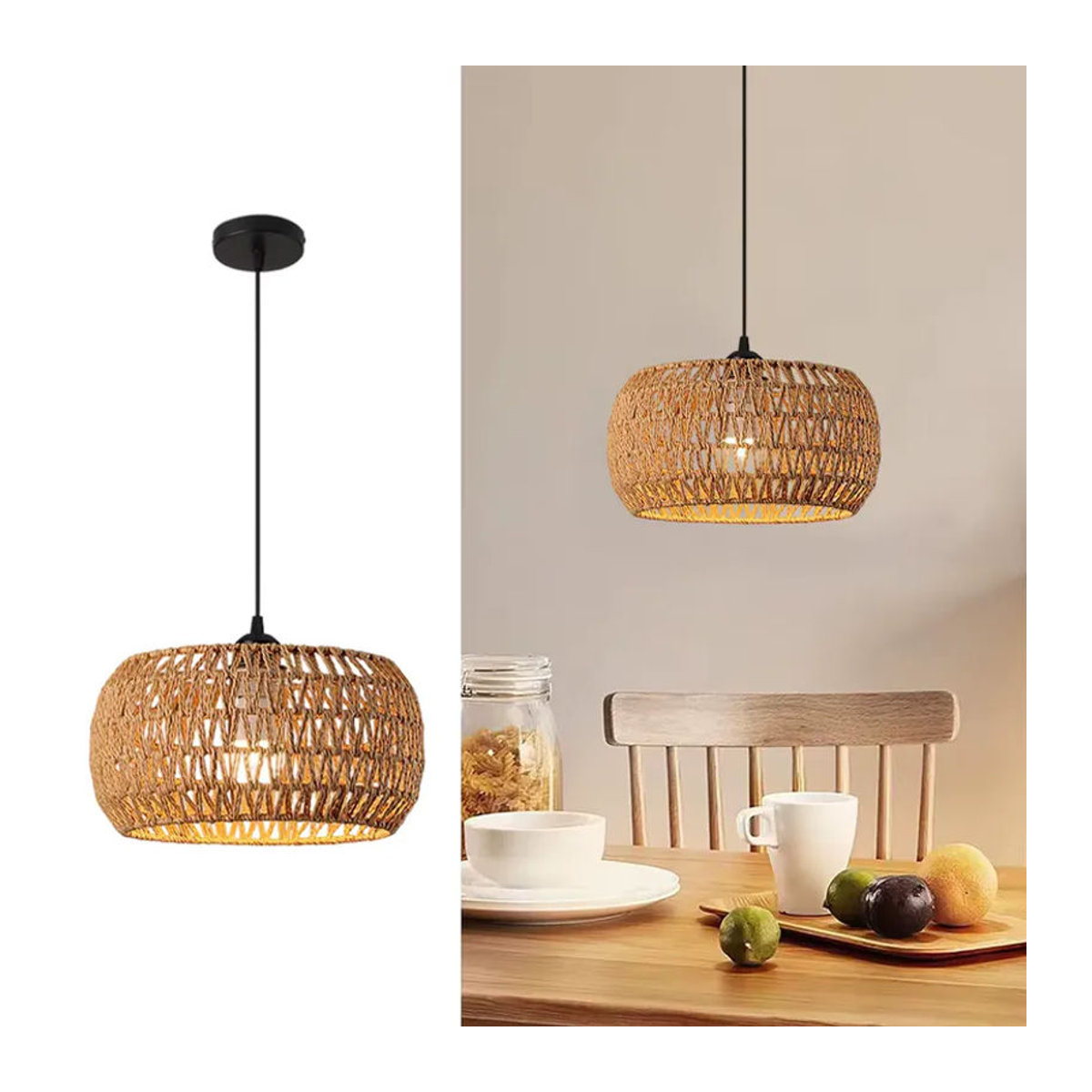 JOYINLED Boho Pendelleuchte aus Rattan in Braun, handgefertigter geflochtener Kronleuchter mit Durchmesser: 32 cm - Bild 2