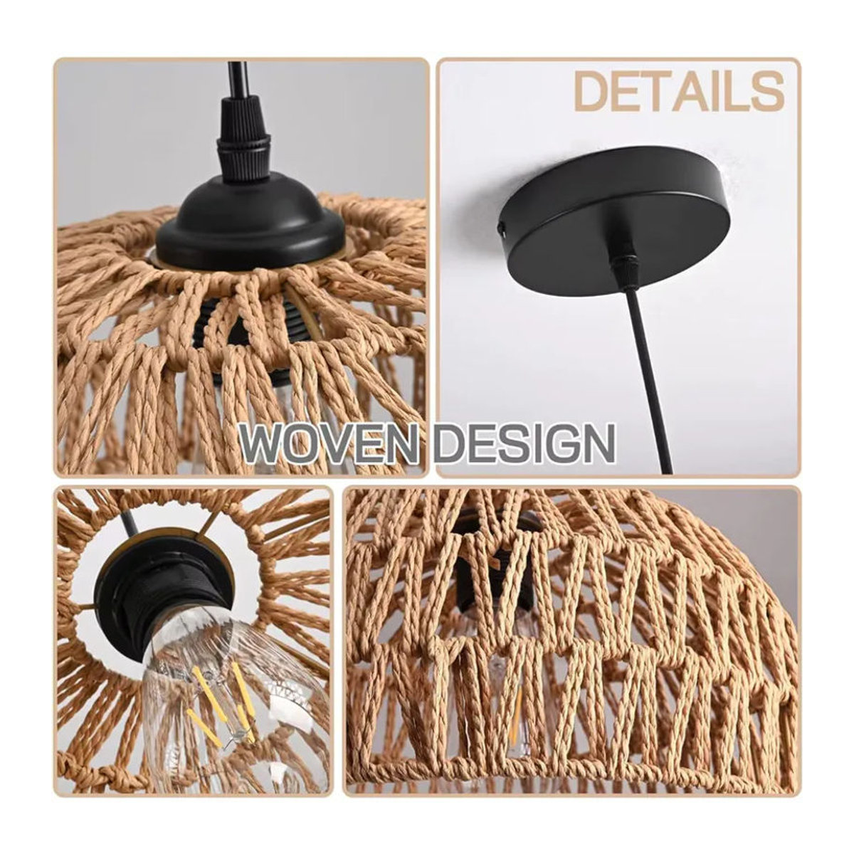 JOYINLED Boho Pendelleuchte aus Rattan in Braun, handgefertigter geflochtener Kronleuchter mit Durchmesser: 32 cm - Bild 6