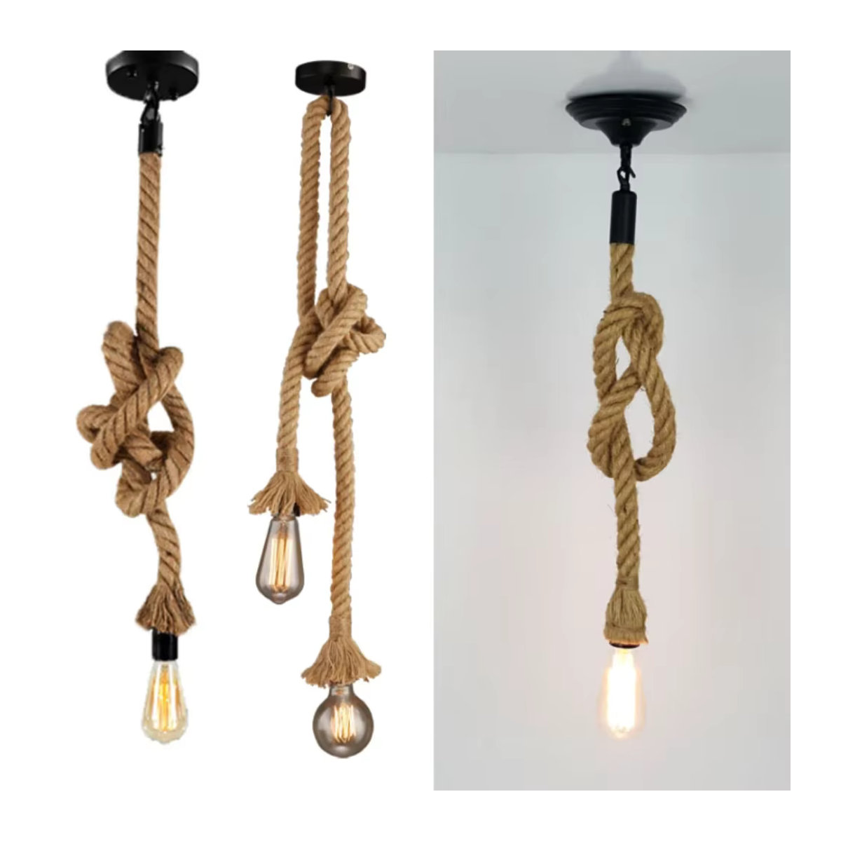 JOYINLED Edison E27 Vintage Kronleuchter in Braun mit Hanfseil und Metall im Industrial Retro Design - Bild 5