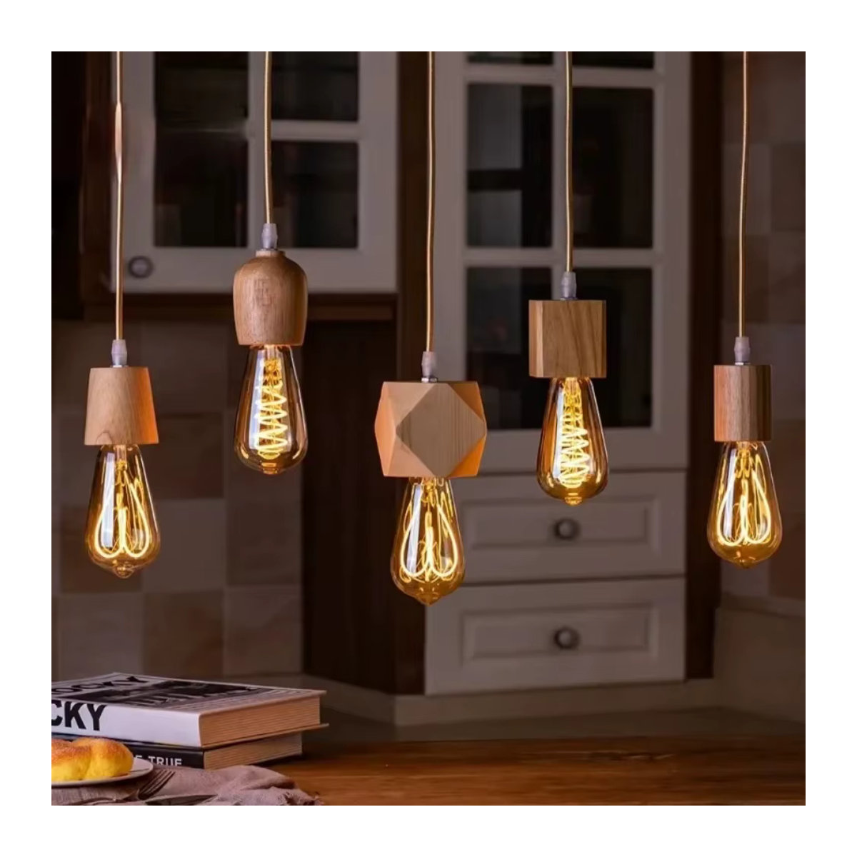 JOYINLED Holz Pendelleuchte im Vintage-Design mit E27 Fassung in Natur - Bild 2
