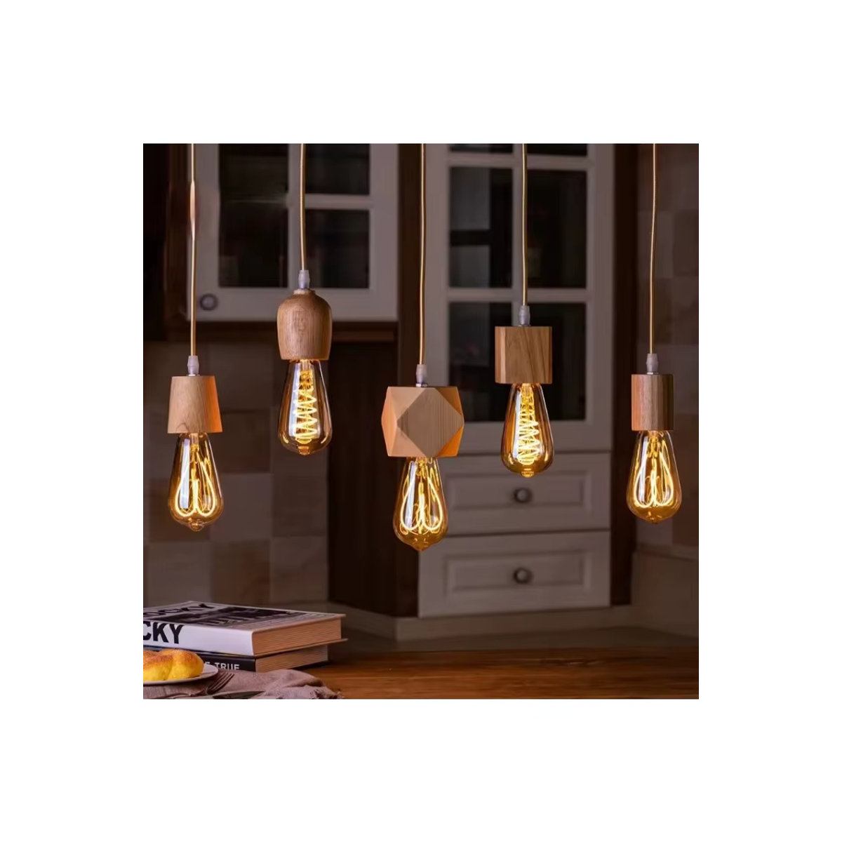 JOYINLED Holz Pendelleuchte im Vintage-Design mit E27 Fassung in Natur - Bild 4