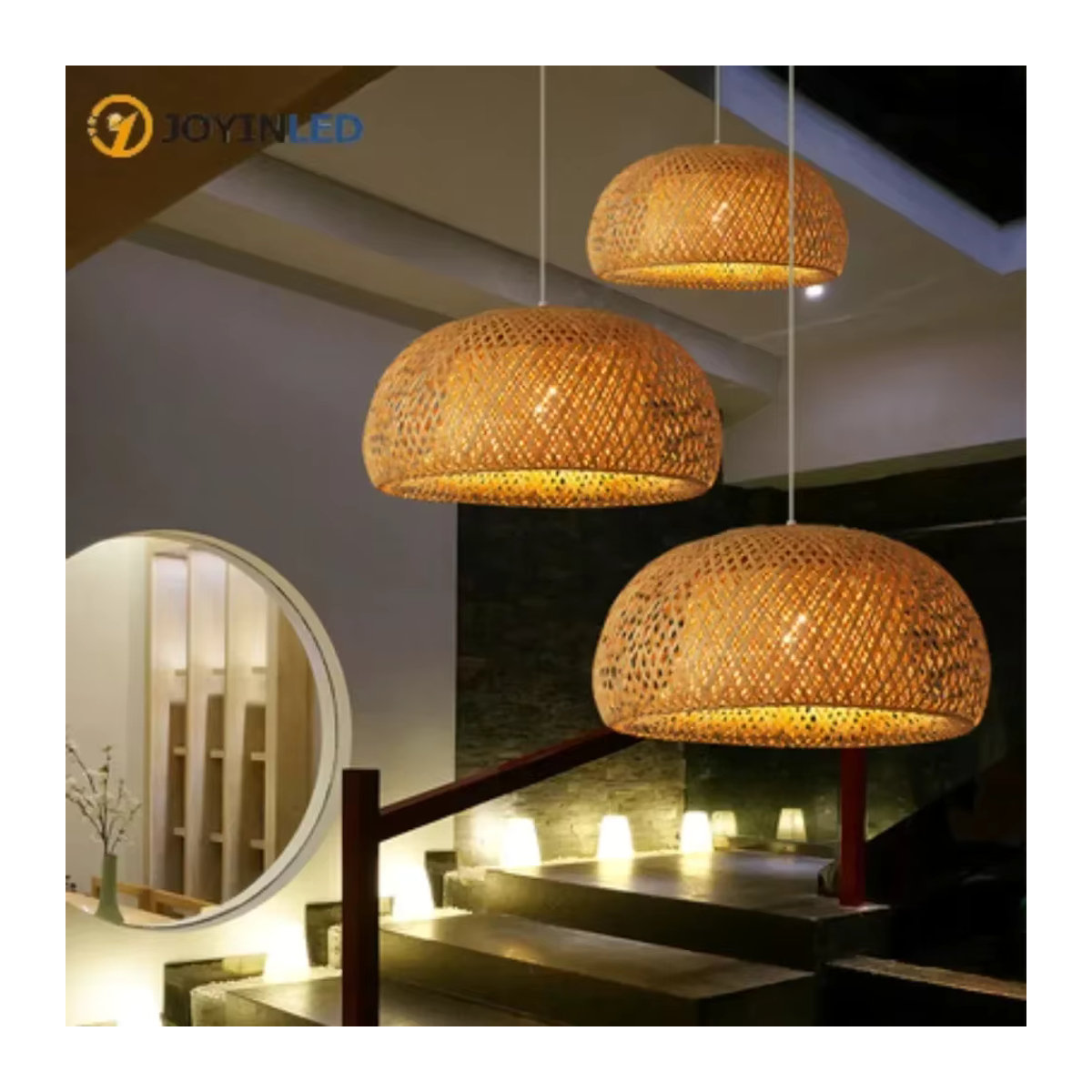 JOYINLED Pendelleuchte aus natürlichem Rattan und Bambus in Braun im Bohemian-Stil - Bild 2