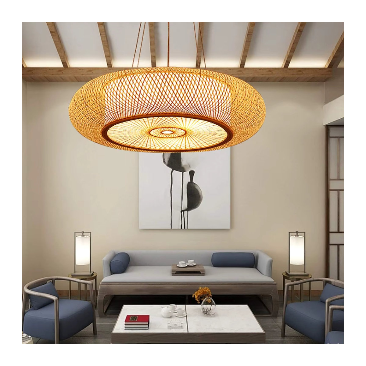 JOYINLED Pendelleuchte aus Rattan und Bambus im Retro-Bohemian-Stil für E27 Leuchtmittel in Natur - Bild 4