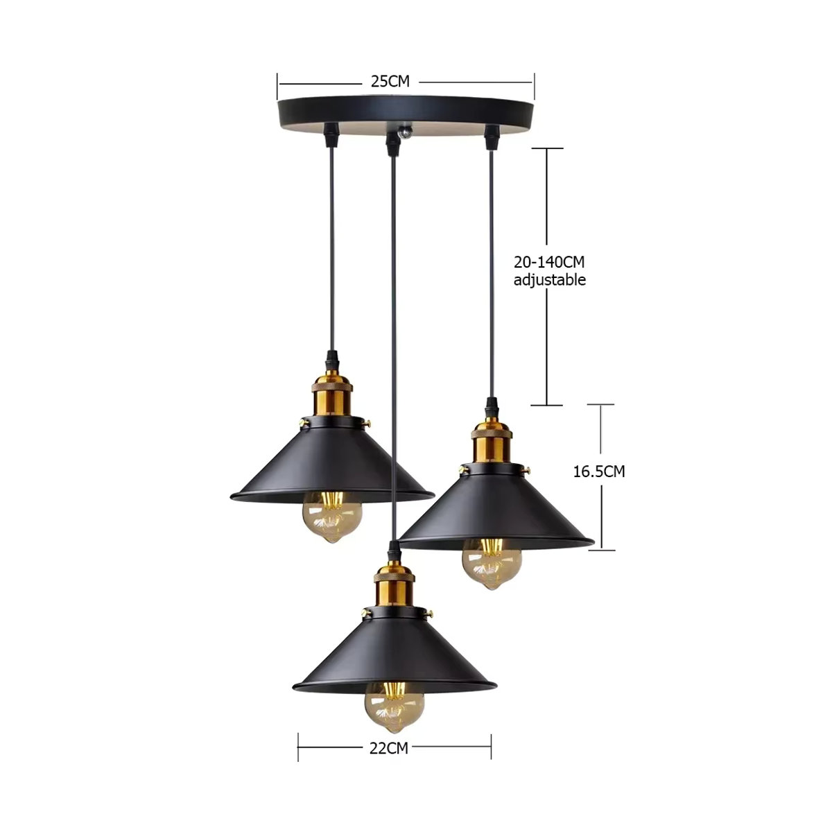 JOYINLED Pendelleuchte im Industrial Design mit 3 Köpfen, Retro Metall Hängelampe Schwarz, E27 Kronleuchter für Küche und Esszimmer - Bild 2