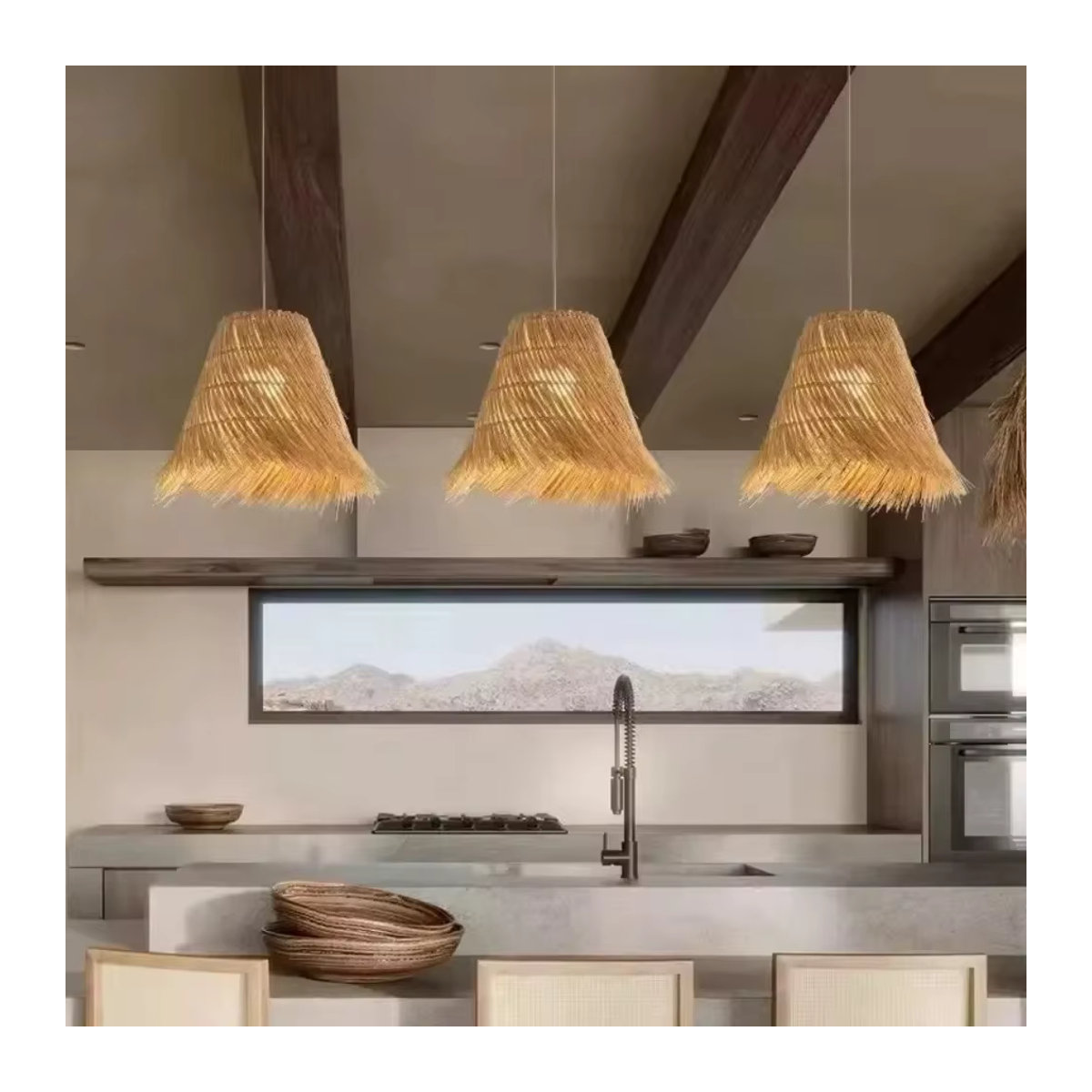 JOYINLED Retro Pendelleuchte aus Rattan mit E27 Fassung, handgewebter Bambus Lampenschirm in Kreisförmiger Strohhut-Optik - Bild 2