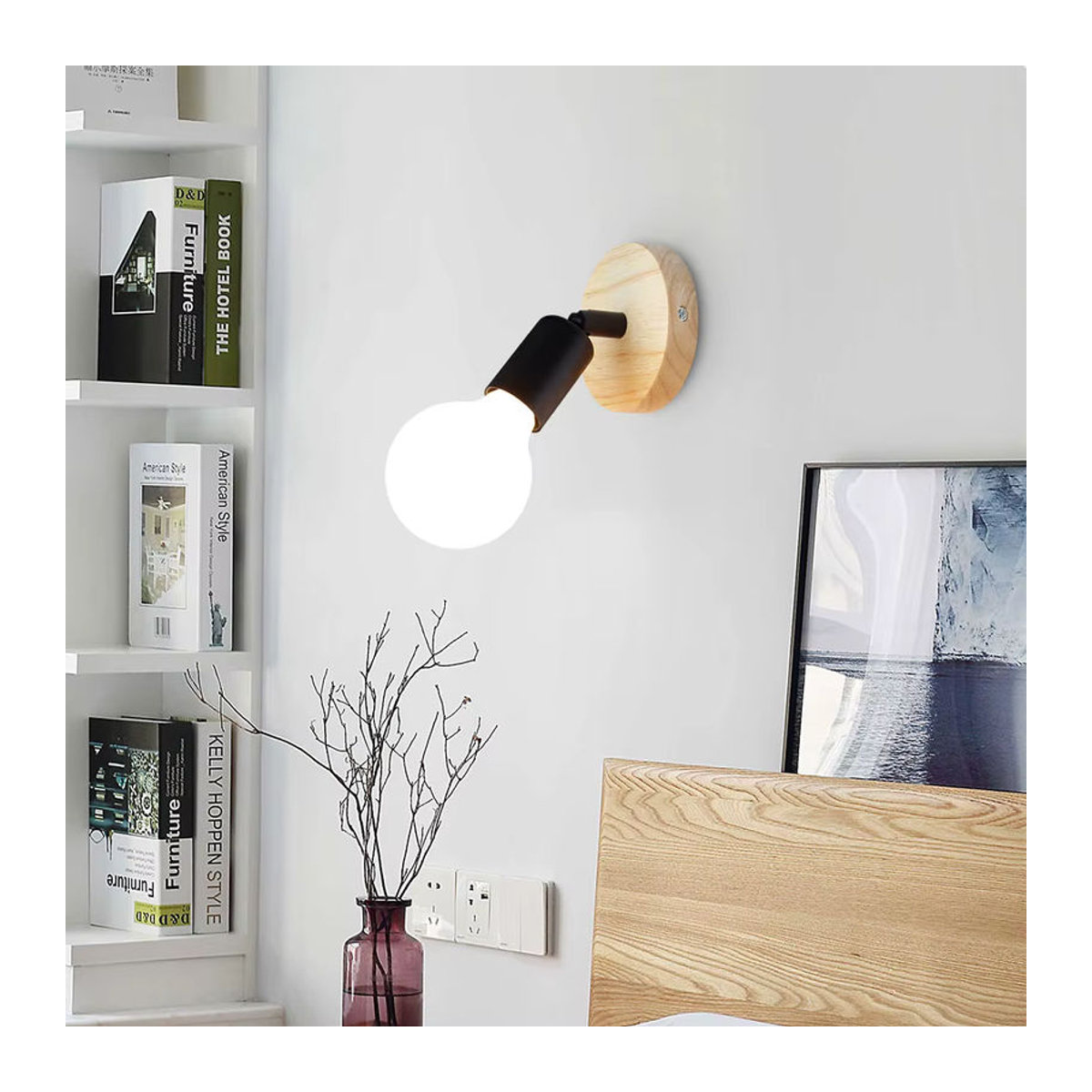 JOYINLED Vintage Retro Wandleuchte aus Holz in Natur für Schlafzimmer und Flur - Bild 2