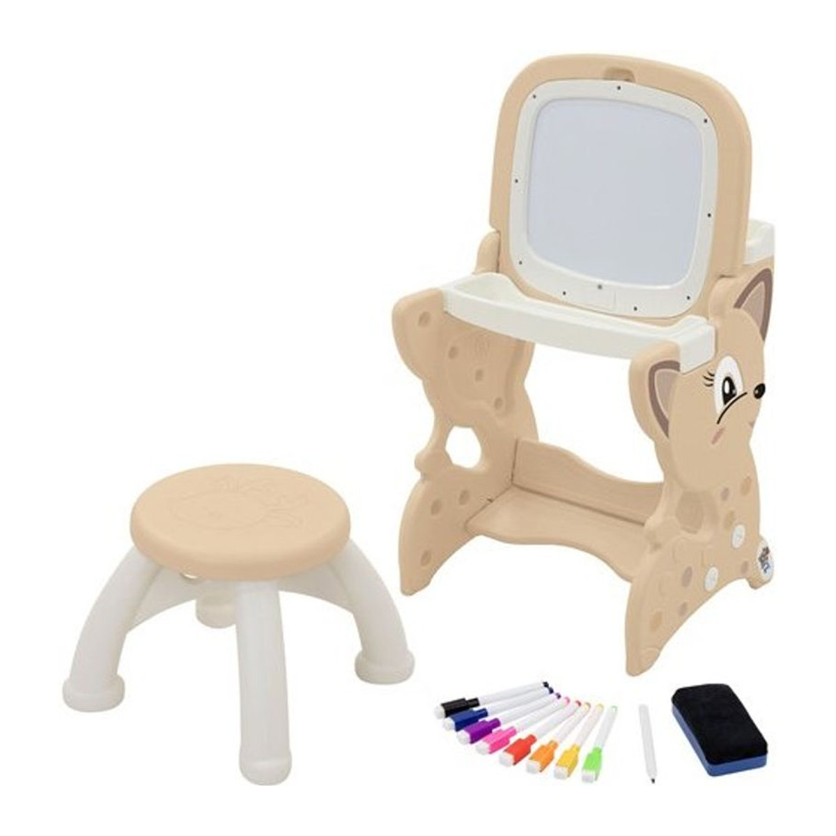 Joyz 3in1 Kindersitzgruppe mit Spieltisch, 2 Tafeln, Kinderhockern und Zubehör in Weiß/Braun - Bild 1
