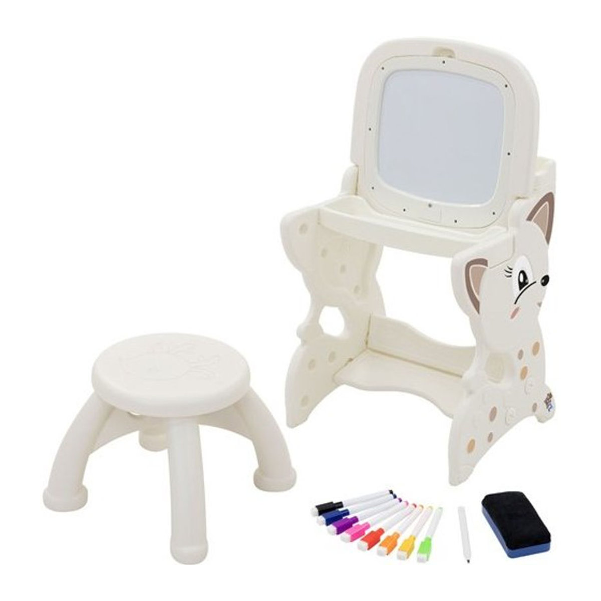 Joyz Kindersitzgruppe 3in1 Spieltisch mit 2 Tafeln, Kinderhockern und Zubehör in Weiß/Beige aus Kunststoff - Bild 1