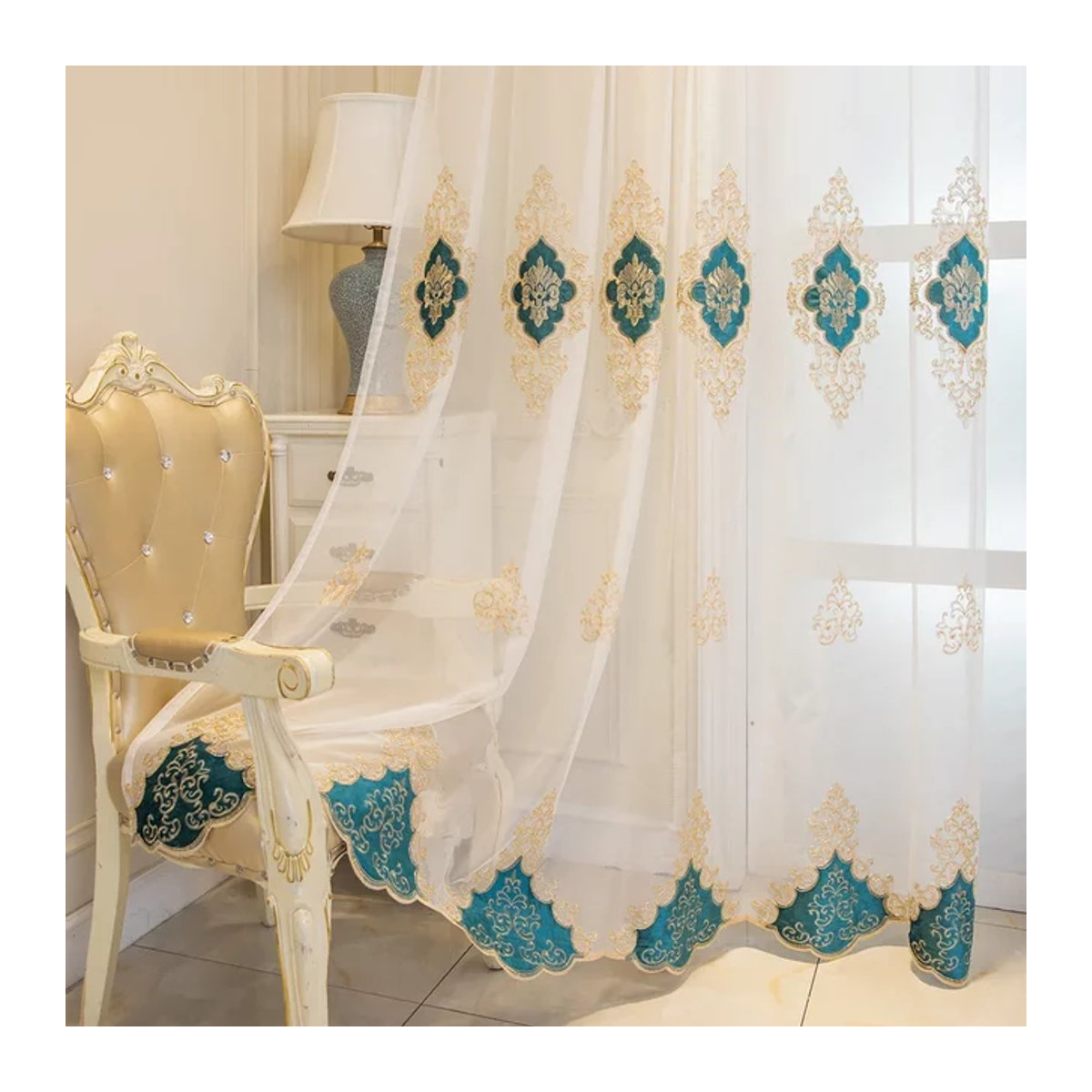 JS Stickerei-Tüll-Vorhang in Blau, transparenter Voile-Fenstervorhang im europäischen Luxus-Stil für Wohnzimmer und Schlafzimmer - Bild 1