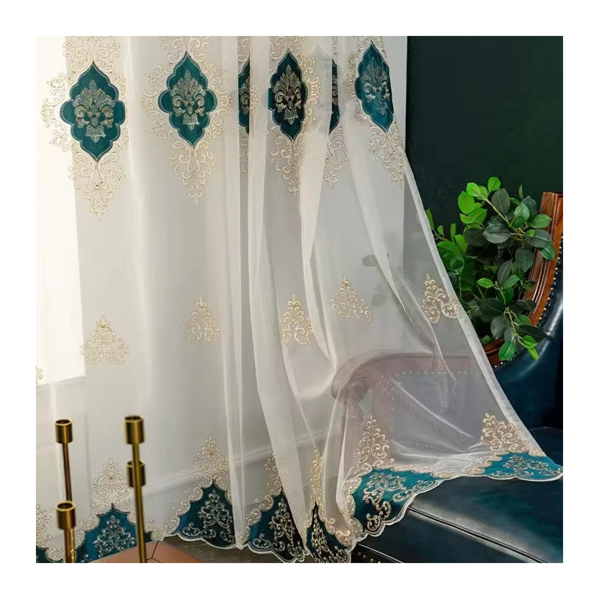 JS Stickerei-Tüll-Vorhang in Blau, transparenter Voile-Fenstervorhang im europäischen Luxus-Stil für Wohnzimmer und Schlafzimmer - Bild 2