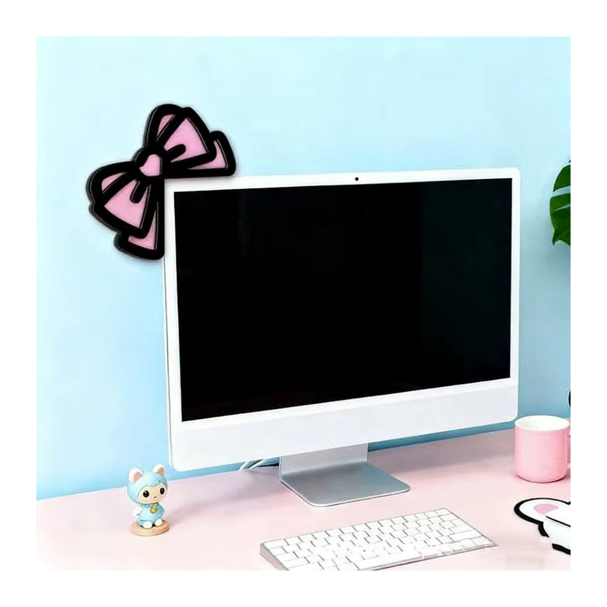 JTZTF Monitor-Dekoration in Schleifenform aus Holz und Kunststoff, Rosa, Kawaii Desktop-Deko für Gaming-Setup und Büro - Bild 1