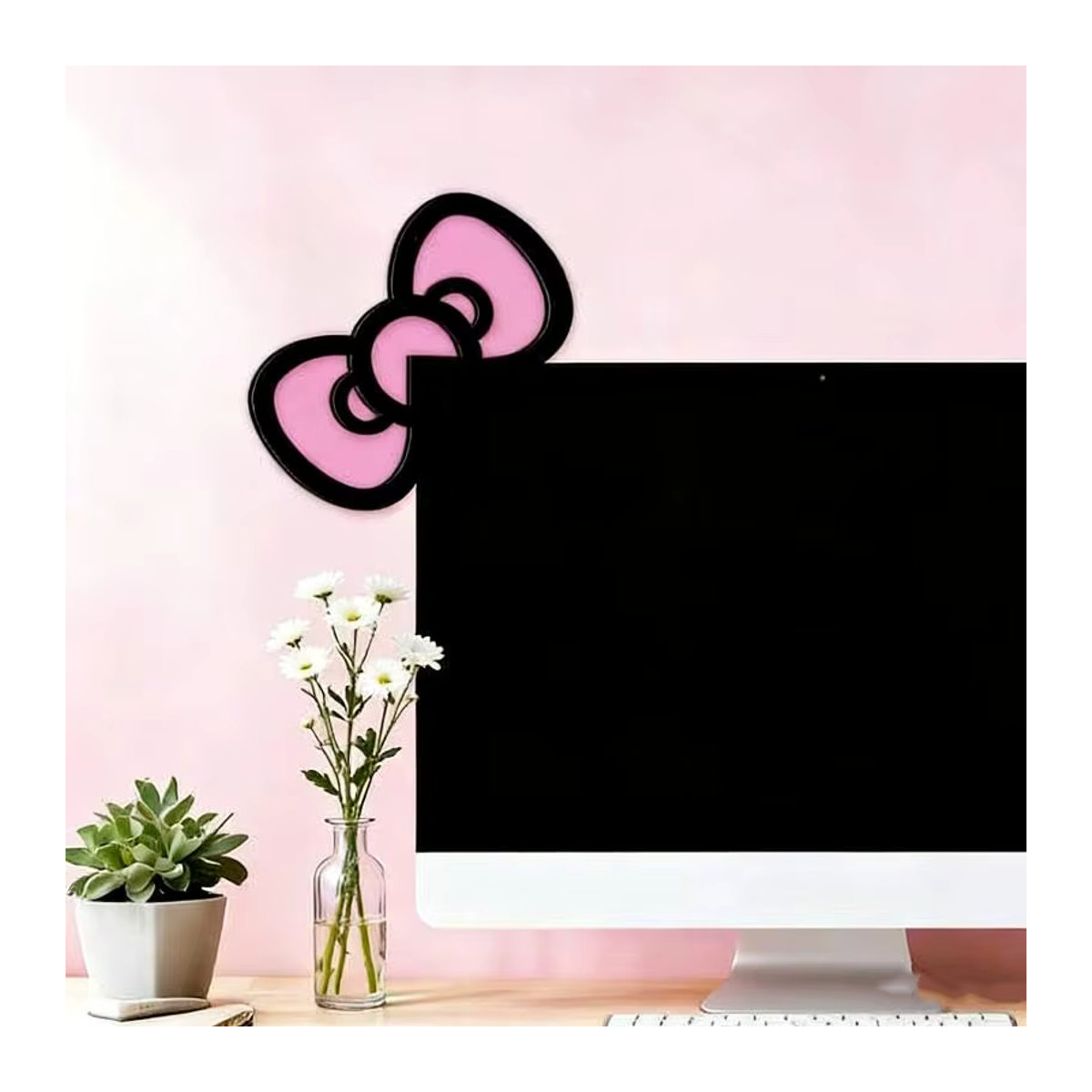 JTZTF Monitor-Dekoration in Schleifenform aus Holz und Kunststoff, Rosa, Kawaii Desktop-Deko für Gaming-Setup und Büro - Bild 2