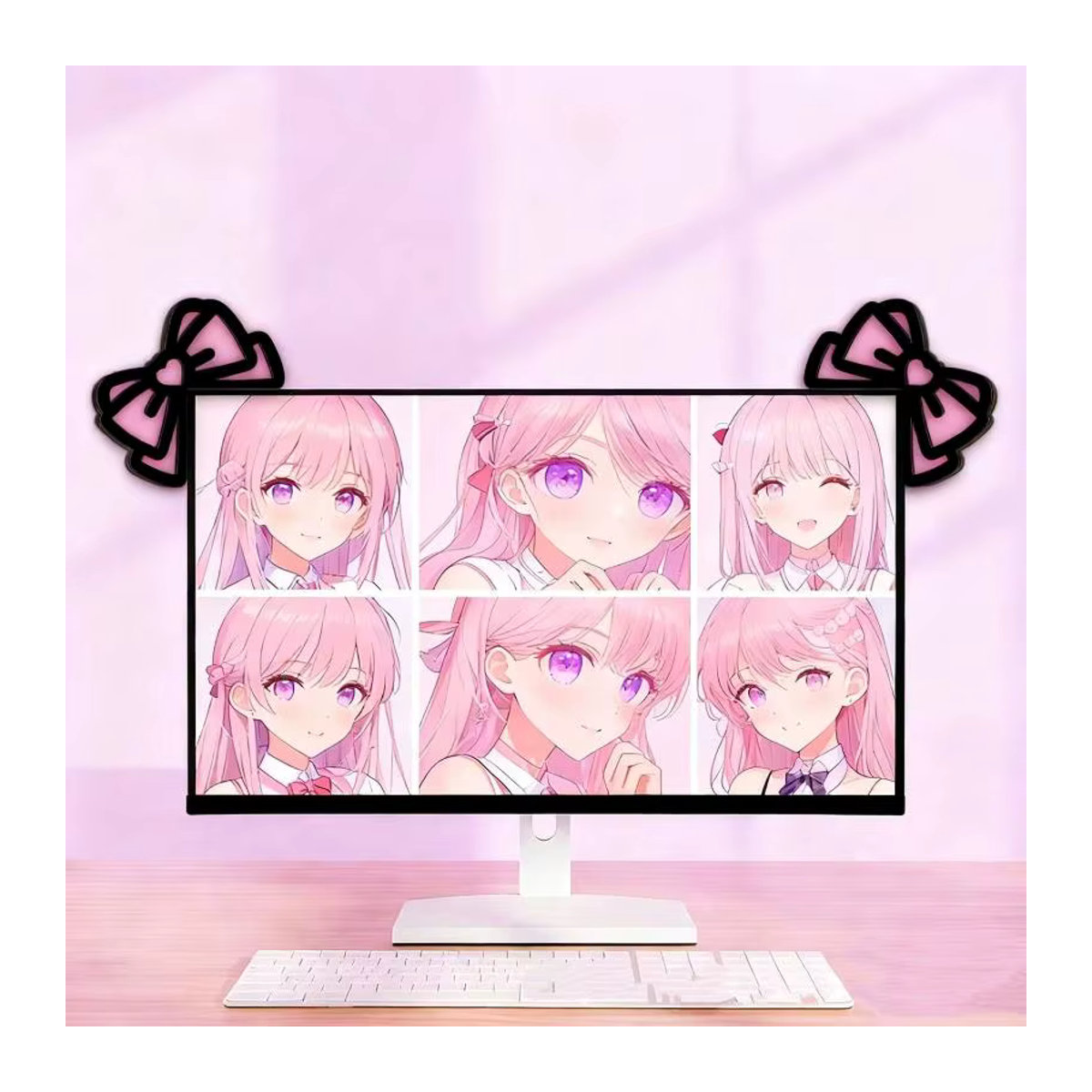 JTZTF Monitor-Dekoration in Schleifenform aus Holz und Kunststoff, Rosa, Kawaii Desktop-Deko für Gaming-Setup und Büro - Bild 3