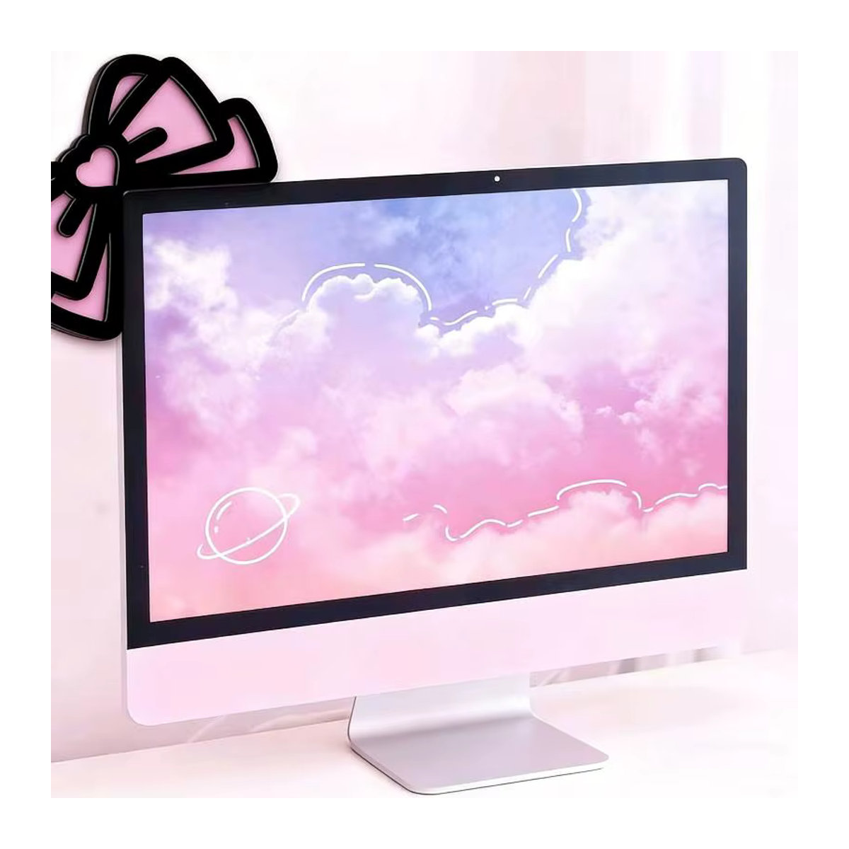 JTZTF Monitor-Dekoration in Schleifenform aus Holz und Kunststoff, Rosa, Kawaii Desktop-Deko für Gaming-Setup und Büro - Bild 4