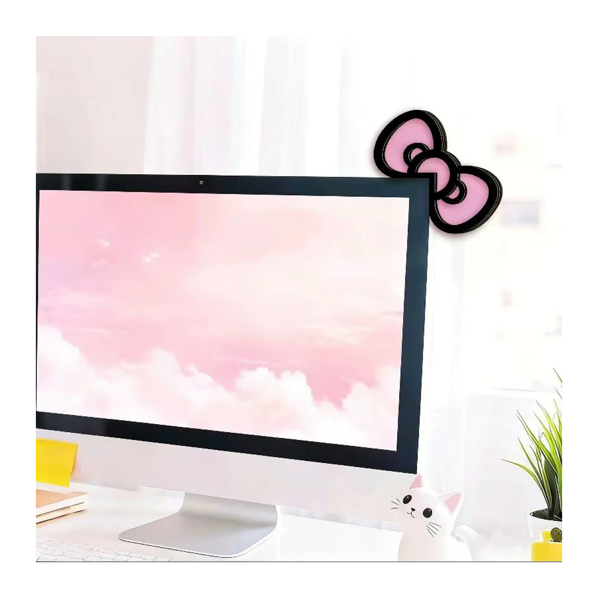 JTZTF Monitor-Dekoration in Schleifenform aus Holz und Kunststoff, Rosa, Kawaii Desktop-Deko für Gaming-Setup und Büro - Bild 5