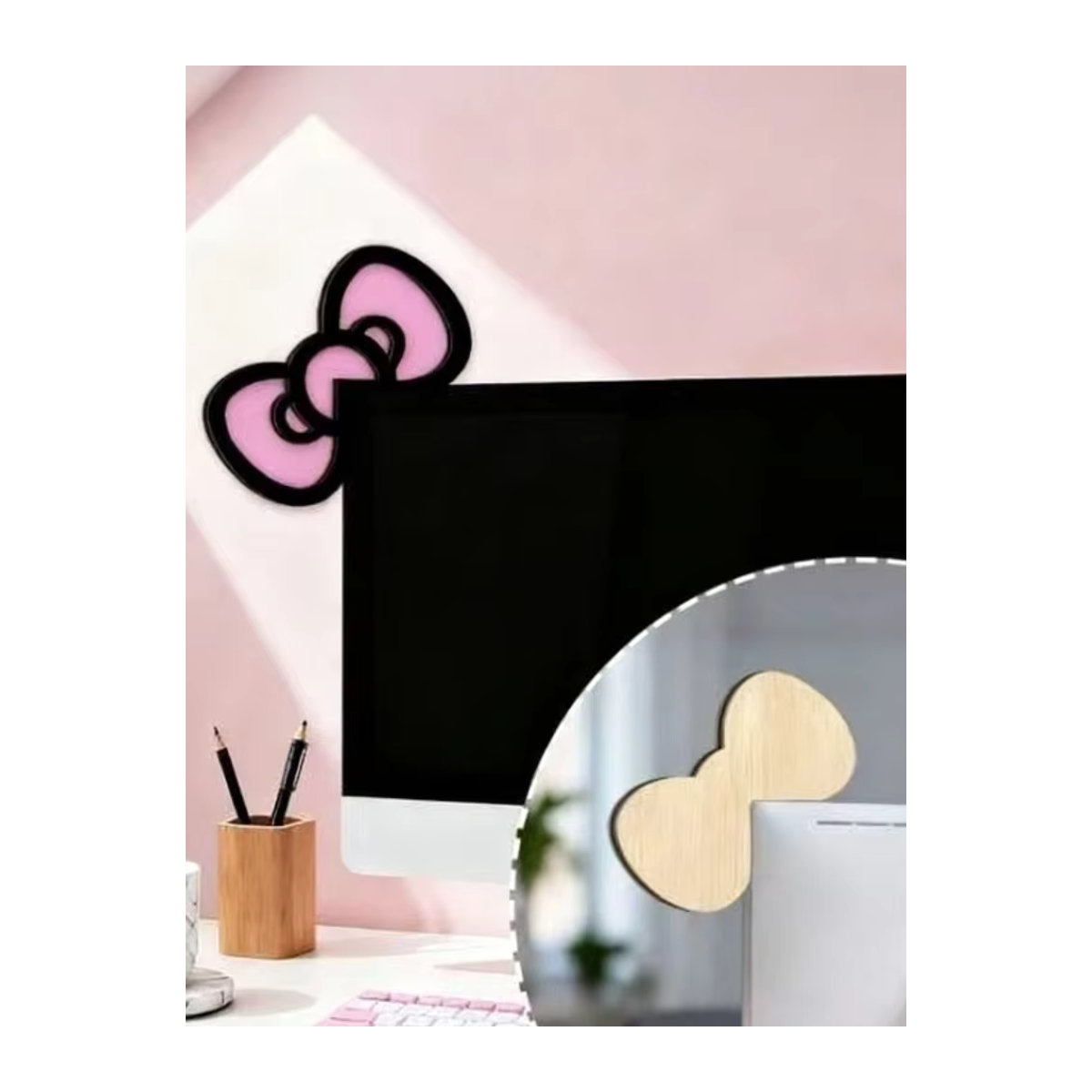 JTZTF Monitor-Dekoration in Schleifenform aus Holz und Kunststoff, Rosa, Kawaii Desktop-Deko für Gaming-Setup und Büro - Bild 6