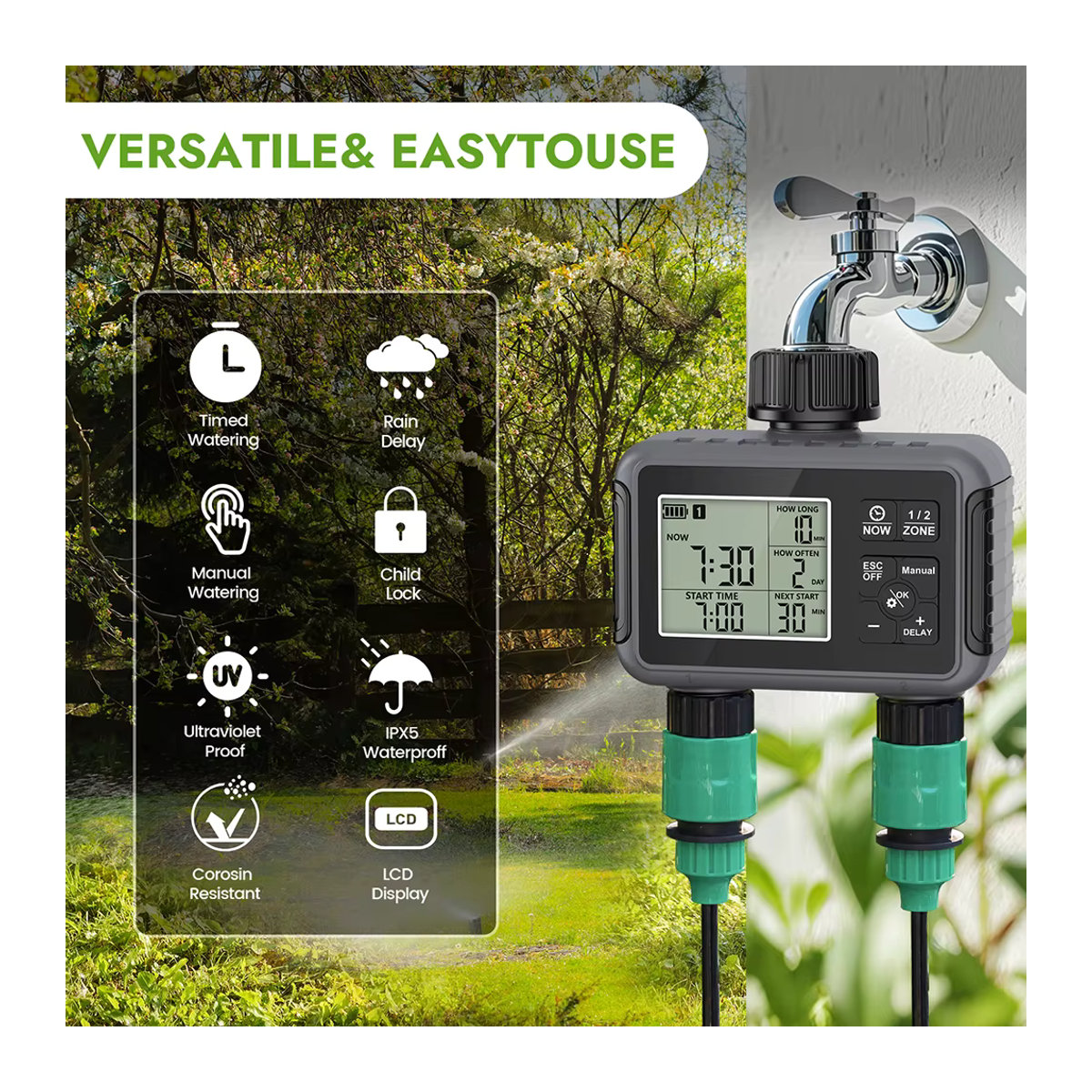 JUANJUAN Automatischer Wassertimer mit LCD-Display und 1/2 Ausgängen für dein intelligentes Garten-Bewässerungssystem - Bild 3
