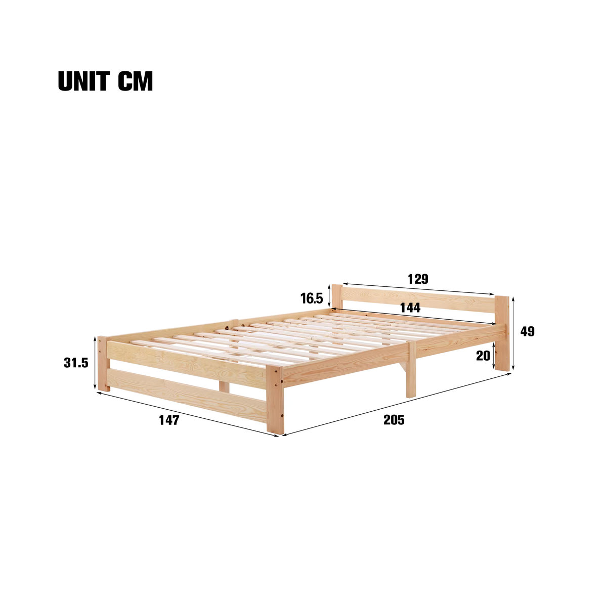 Jugacool Massivholzbett Futonbett aus Naturholz mit Kopfteil und Lattenrost, Natur, B: 140 cm, L: 200 cm - Bild 3