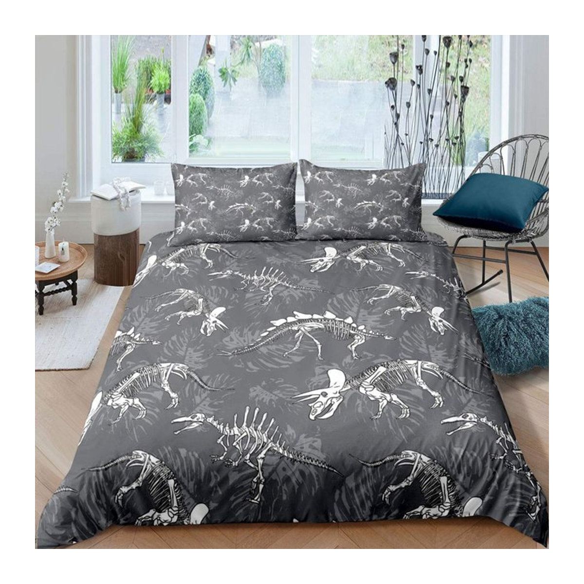 Jurassic Bettwäsche-Set mit Dinosaurier-Illustrationen und Skelett-Motiven, 3-teilig, B/H: 140 x 210 cm - Bild 1