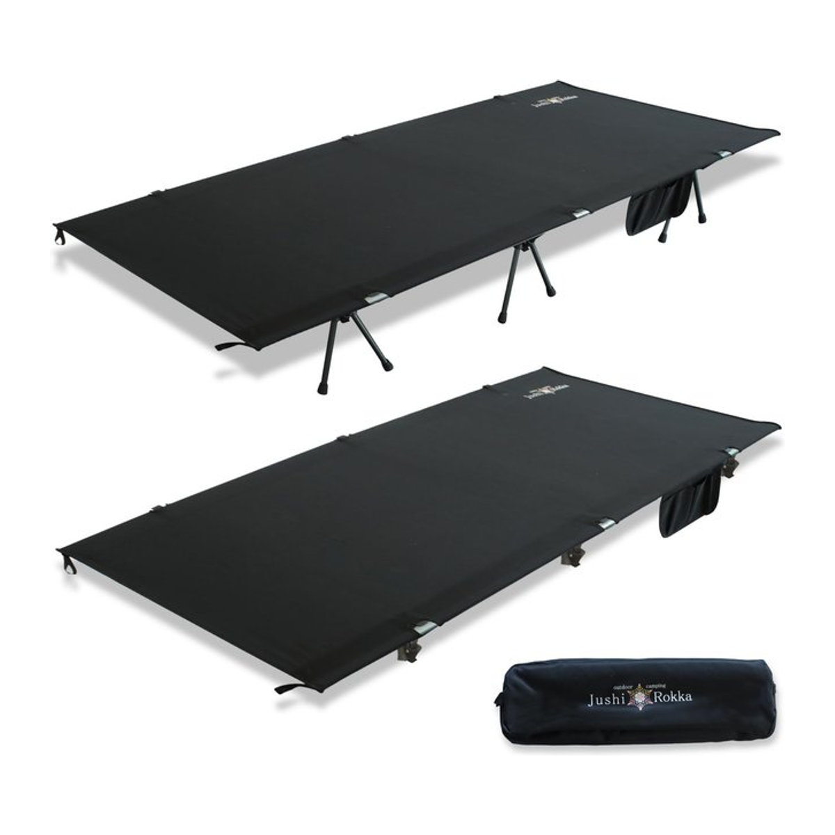 JushiRokka Verstellbares Camping-Feldbett in Schwarz mit 2-Wege-Höhenverstellung und Aufbewahrungstasche - Bild 1
