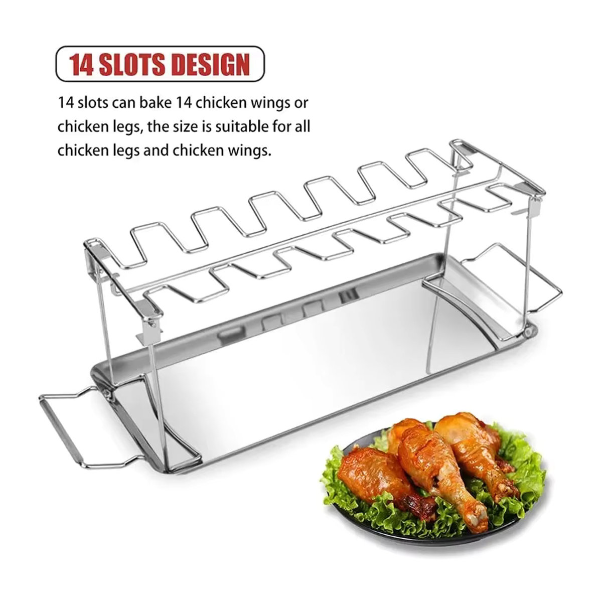 JUSTINLAU Grill Röster Stand mit Tablett aus Edelstahl, zusammenklappbares Fleisch-Rack für Huhn, Flügel und Beine, tragbares BBQ-Werkzeug für Outdoor-Grills - Bild 2