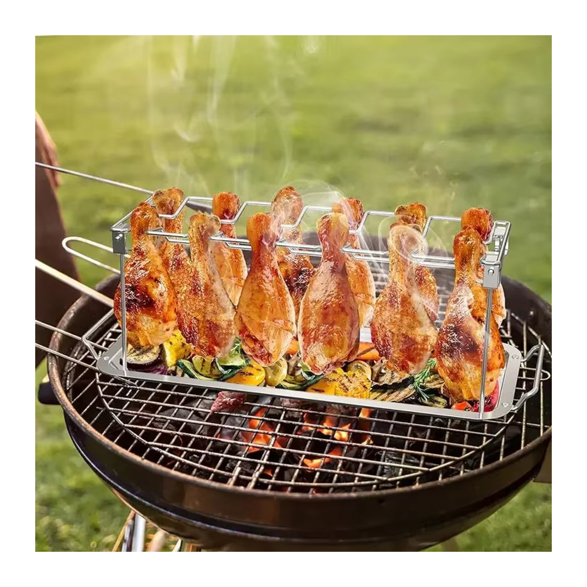 JUSTINLAU Grill Röster Stand mit Tablett aus Edelstahl, zusammenklappbares Fleisch-Rack für Huhn, Flügel und Beine, tragbares BBQ-Werkzeug für Outdoor-Grills - Bild 3