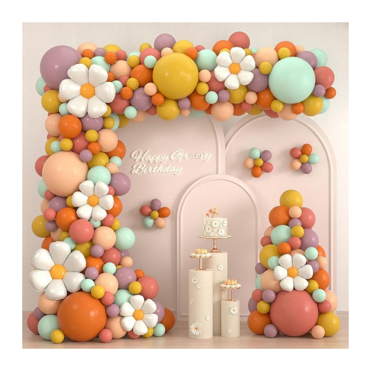 Jzczoeb Retro Bohemian Daisy Ballonbogen Set, 180-teiliges Set mit floralen Gänseblümchen-Ballons in Mehrfarbig, ideal für Geburtstag, Babyparty und Hippie-Themen-Dekoration - Bild 1