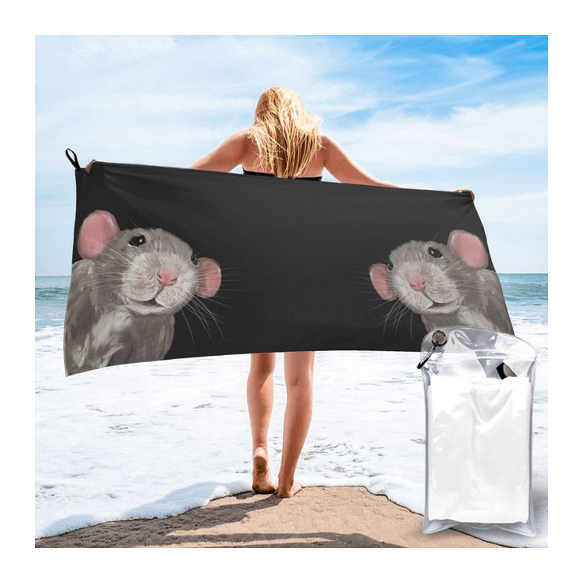 Ka Chen Muxi Strandtuch Die spähende Ratte aus weicher Mikrofaser, Grau Schwarz, B: 30 cm, H: 60 cm - Bild 1