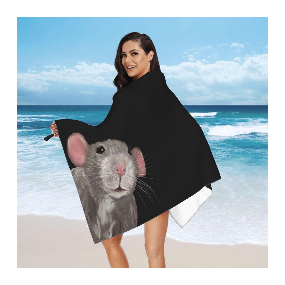 Ka Chen Muxi Strandtuch Die spähende Ratte aus weicher Mikrofaser, Grau Schwarz, B: 30 cm, H: 60 cm - Bild 3