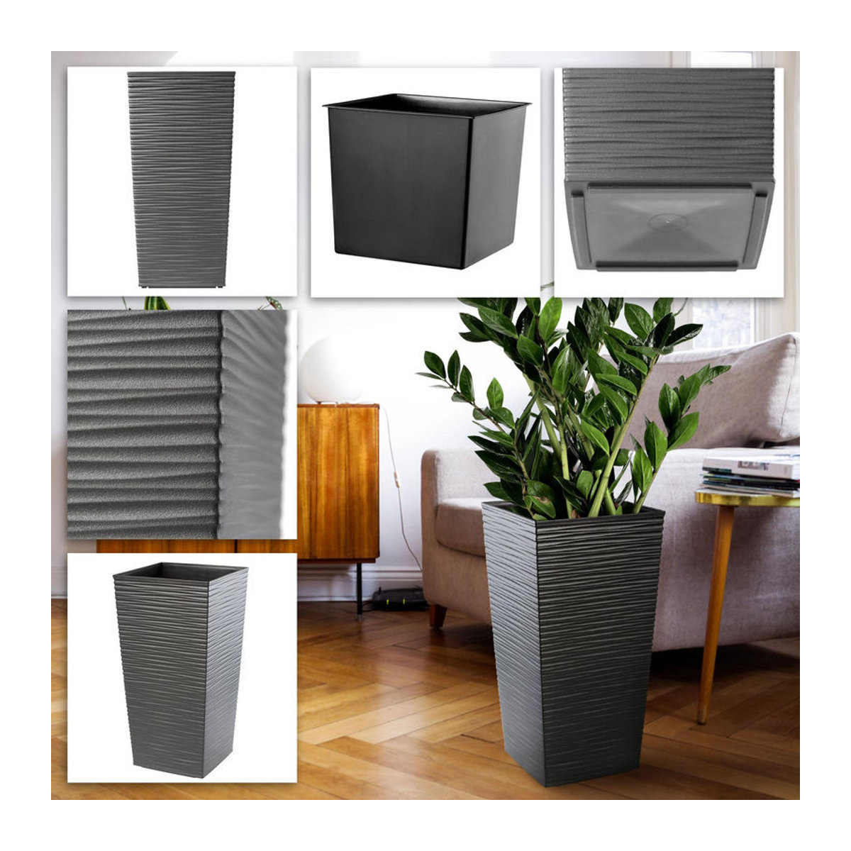 KADAX Blumentopf Set aus Kunststoff, 3er Set Pflanzkübel in Schwarz und Graphit, rechteckig und freistehend - Bild 2