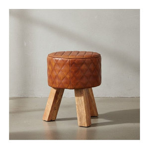 KADIMA DESIGN Polsterhocker aus Echtleder und Holz mit Rautenmuster in Braun, Höhe: 46 cm