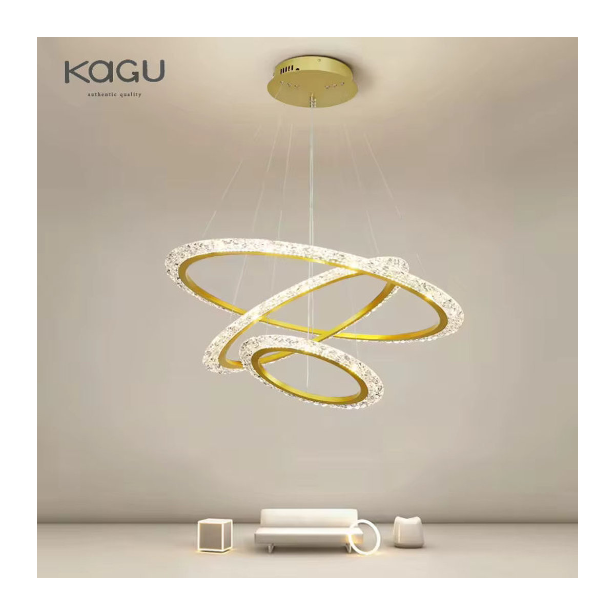 KAGU Moderne LED-Pendelleuchte in Weiß mit Goldring-Design für Wohnzimmer, Esszimmer oder Küche, Durchmesser: 60 cm - Bild 1