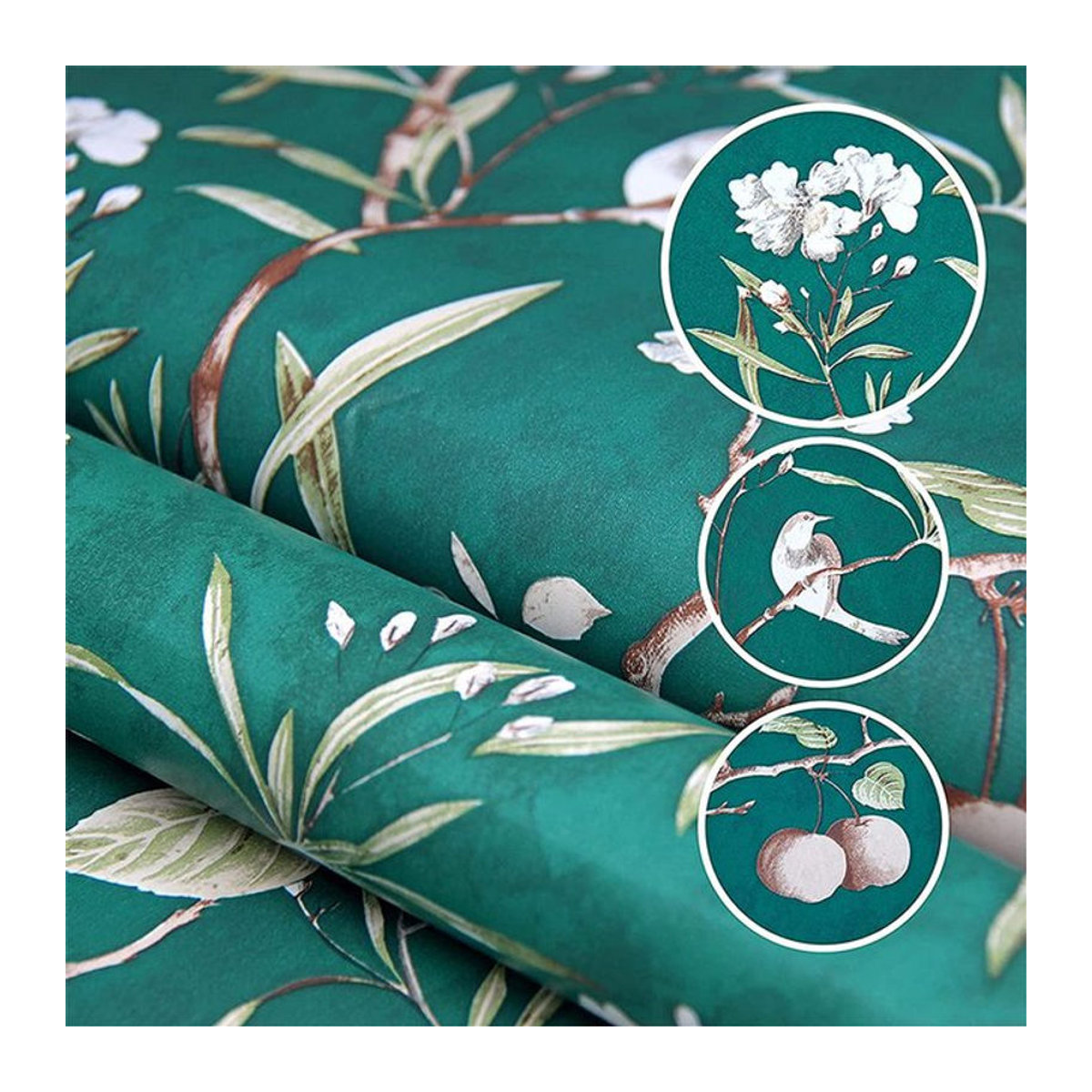 KALYNN Vintage Tapete mit Blumen und Vögeln, grün, selbstklebende Vinyl Aufkleber, wasserfest floraler Wanddekor - Bild 1