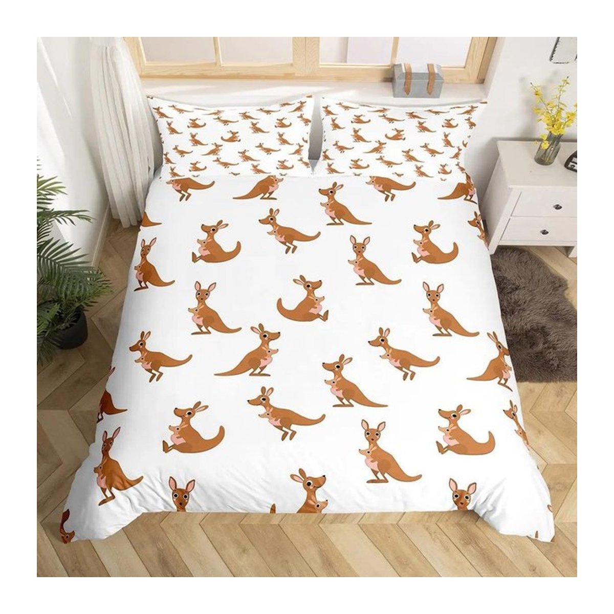 Känguru Bettwäsche Set für Jungen und Mädchen mit Baumästen und Wildtier-Motiv, 3-teilig, B: 135 cm, L: 200 cm - Bild 1