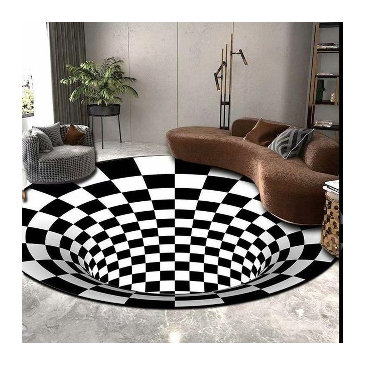 Karpetti 3D Vortex Illusion Rundteppich Schwarz Weiß mit Gitter-Design für Wohnzimmer und Schlafzimmer Durchmesser: 80 cm - Bild 1