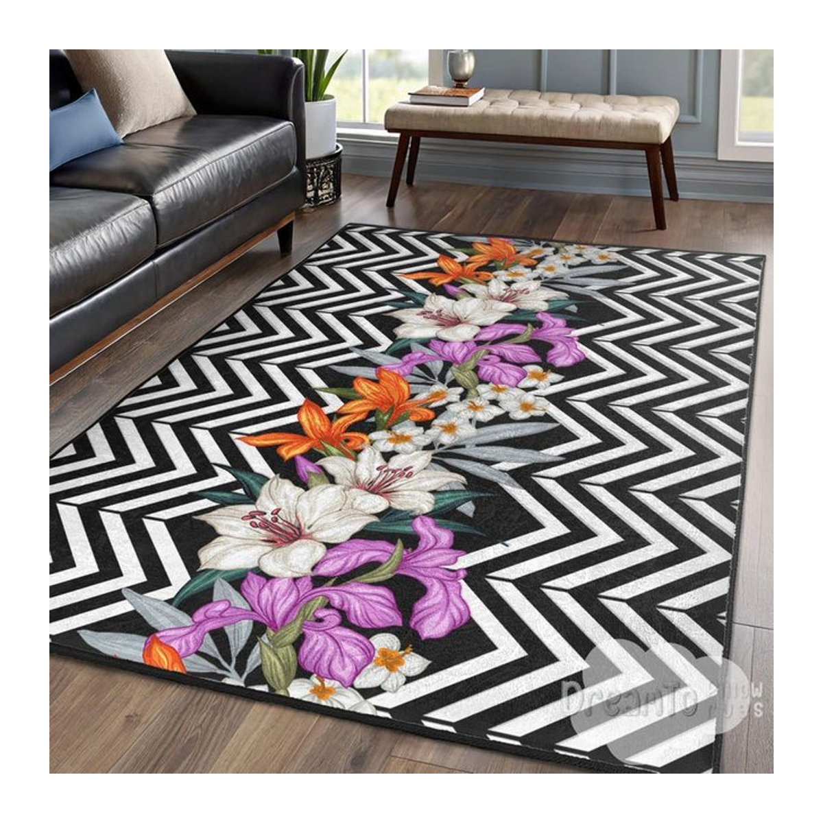 Karpetti Bereichsteppich mit Zickzack- und Lilien-Botanika-Muster in Schwarz, Weiß, Lila und Orange, B/T: 60 x 90 cm - Bild 1