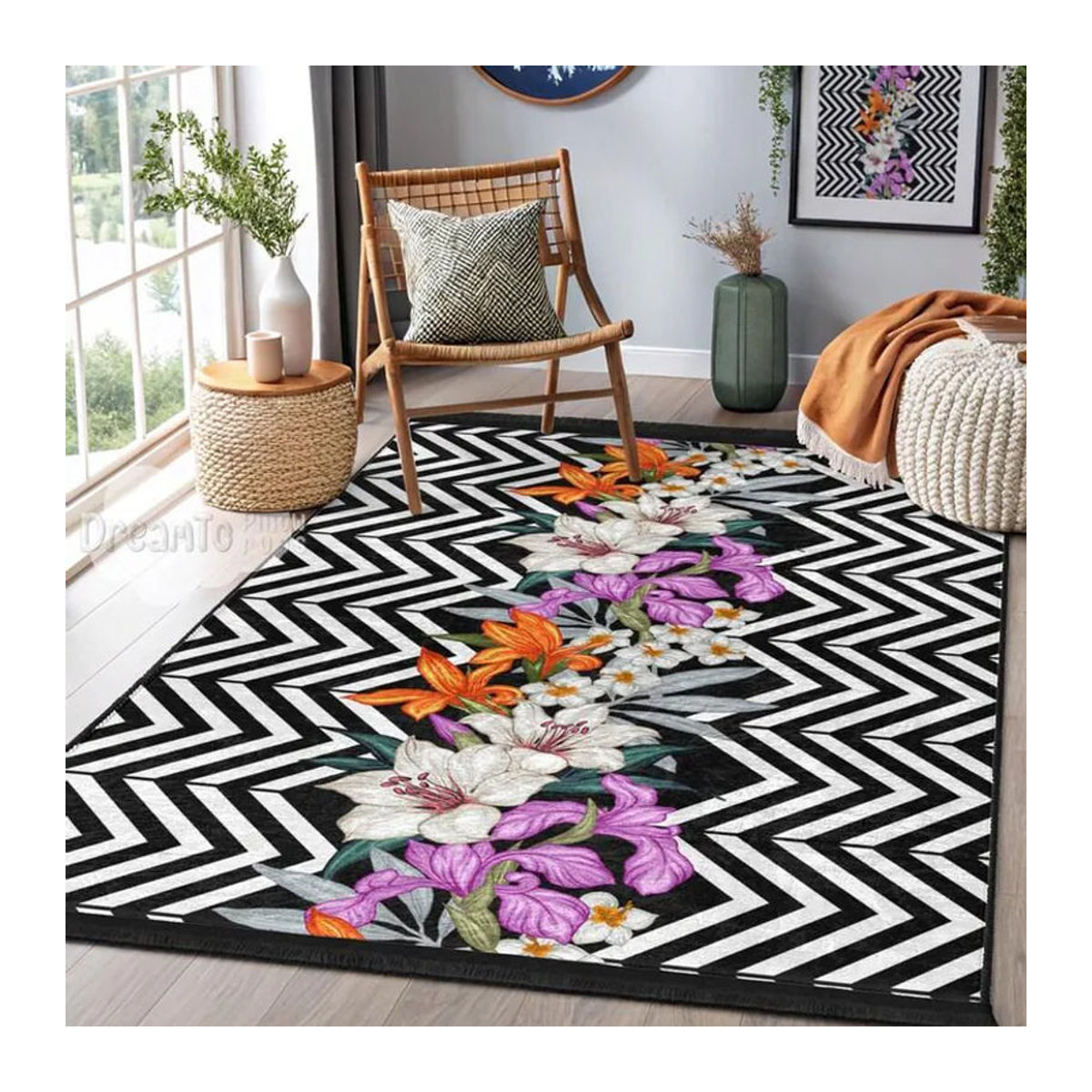 Karpetti Bereichsteppich mit Zickzack- und Lilien-Botanika-Muster in Schwarz, Weiß, Lila und Orange, B/T: 60 x 90 cm - Bild 2