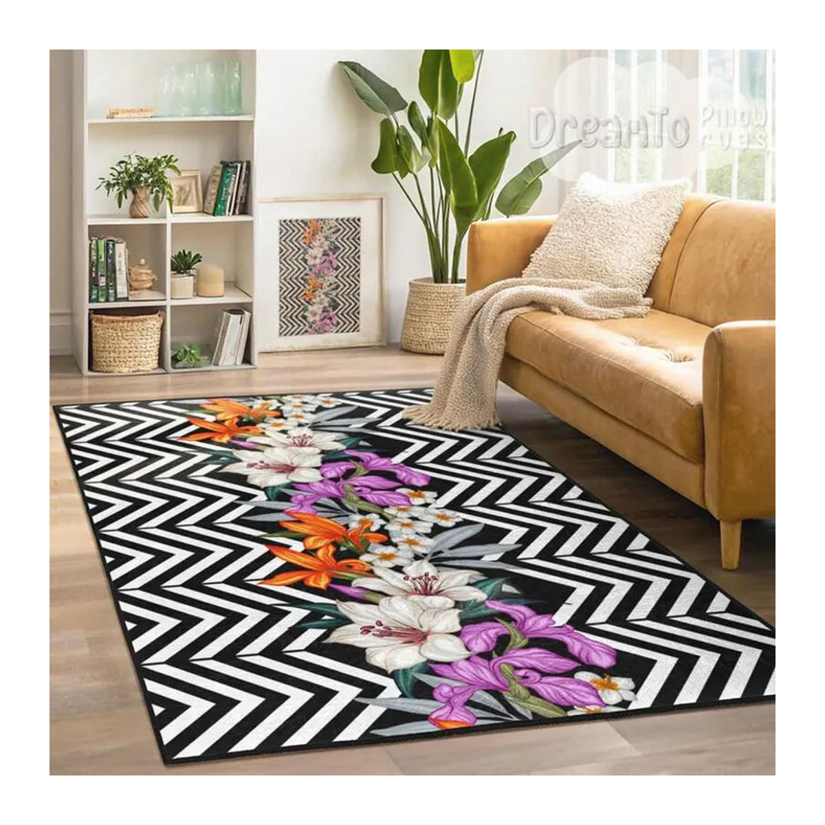 Karpetti Bereichsteppich mit Zickzack- und Lilien-Botanika-Muster in Schwarz, Weiß, Lila und Orange, B/T: 60 x 90 cm - Bild 3