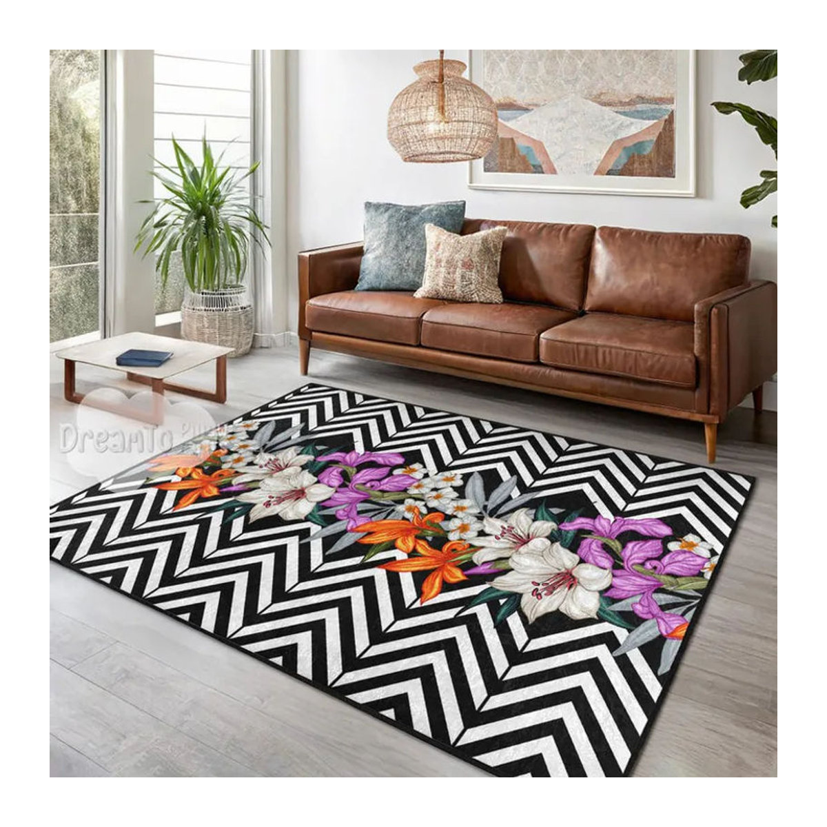Karpetti Bereichsteppich mit Zickzack- und Lilien-Botanika-Muster in Schwarz, Weiß, Lila und Orange, B/T: 60 x 90 cm - Bild 4