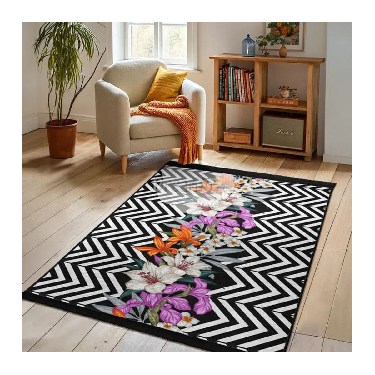 Karpetti Bereichsteppich mit Zickzack- und Lilien-Botanika-Muster in Schwarz, Weiß, Lila und Orange, B/T: 60 x 90 cm - Bild 5