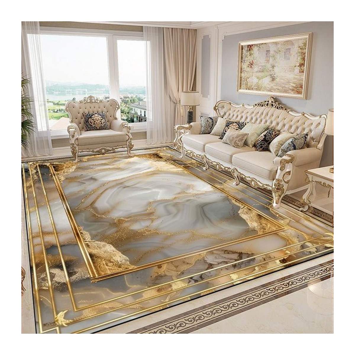 Karpetti Druckteppich in Gold im Marmorstil, rutschfest und waschbar, B/T: 200 x 250 cm - Bild 1