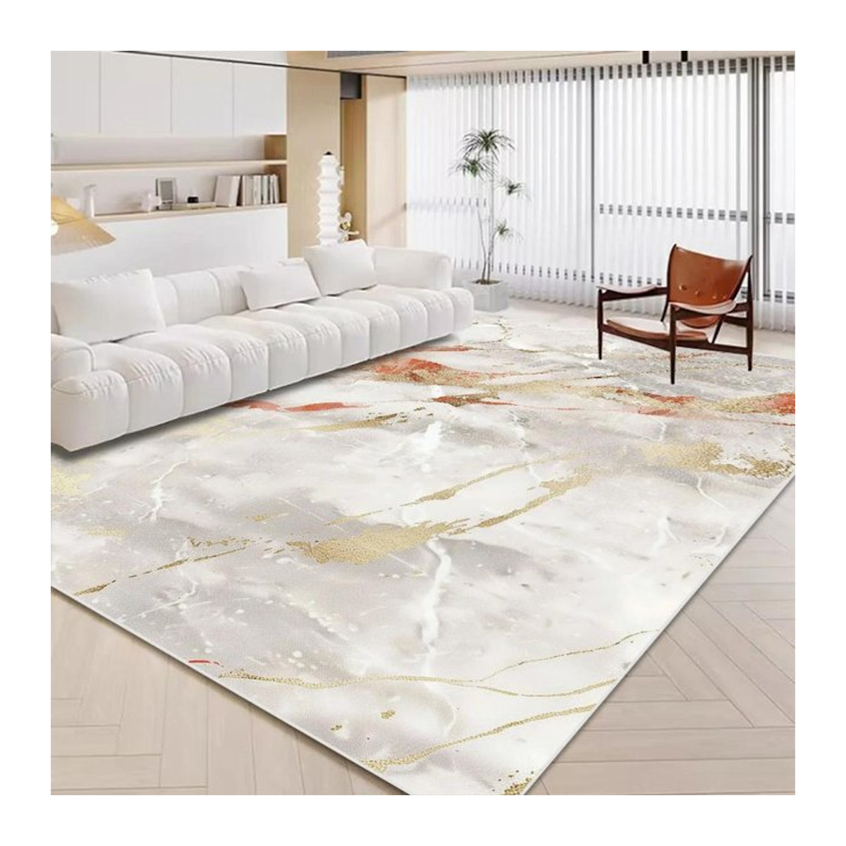 Karpetti Druckteppich in Weiß mit Marmor-Design und Golddekoration, rutschfest und waschbar, B/T: 80 x 160 cm - Bild 1