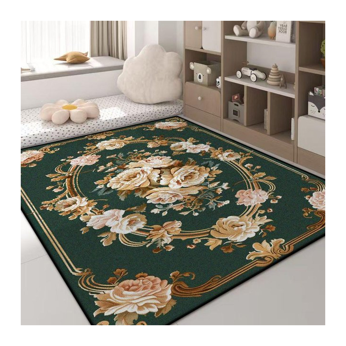 Karpetti Druckteppich mit Blumendesign in Grün und goldener Bordüre, rutschfest und waschbar, B/T: 90 x 60 cm - Bild 1