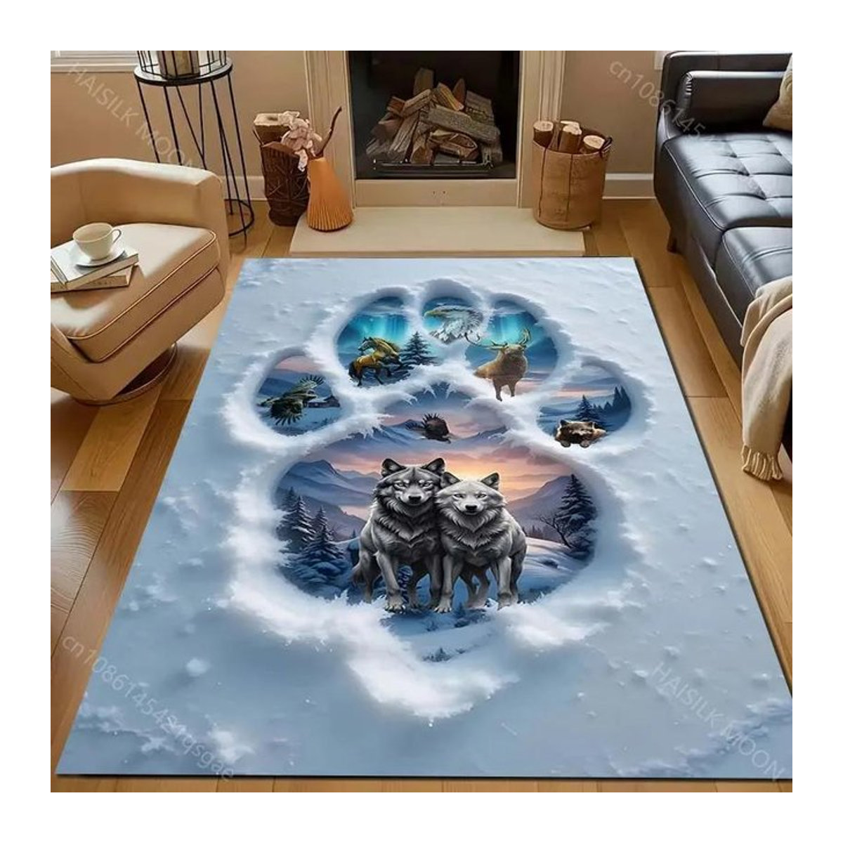 Karpetti Druckteppich Schneewolf Pfotenabdrücke weich für Wohnzimmer, Esszimmer und Schlafzimmer, B/T: 60 x 40 cm - Bild 1