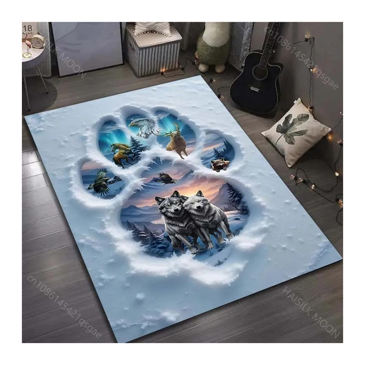 Karpetti Druckteppich Schneewolf Pfotenabdrücke weich für Wohnzimmer, Esszimmer und Schlafzimmer, B/T: 60 x 40 cm - Bild 2