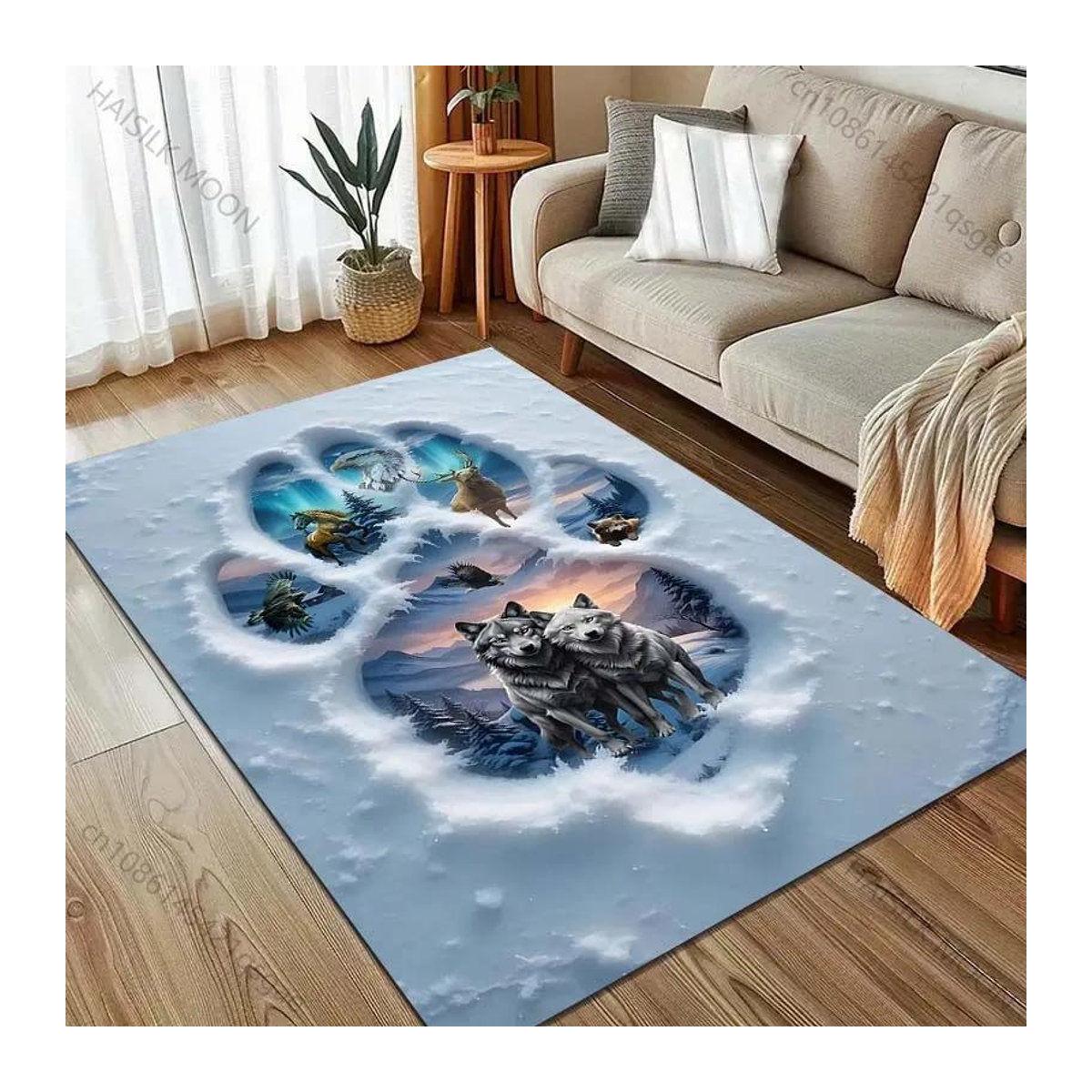 Karpetti Druckteppich Schneewolf Pfotenabdrücke weich für Wohnzimmer, Esszimmer und Schlafzimmer, B/T: 60 x 40 cm - Bild 3