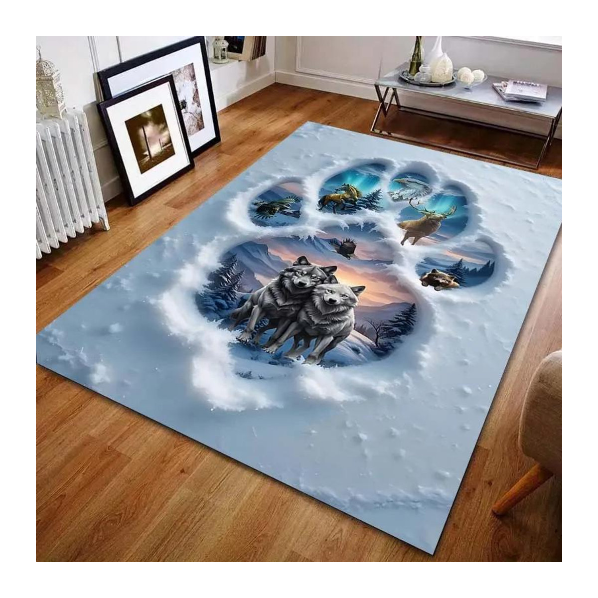 Karpetti Druckteppich Schneewolf Pfotenabdrücke weich für Wohnzimmer, Esszimmer und Schlafzimmer, B/T: 60 x 40 cm - Bild 4